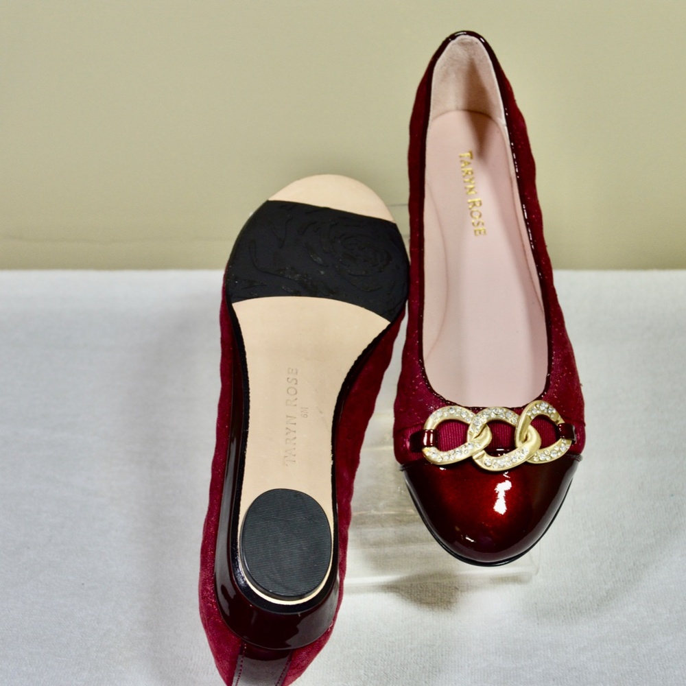 Taryn Rose Burgundy Priya Suede Chain-buckle Slip-on Flats NWOT